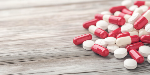 Colourful pills lying on the table. Health care concept.