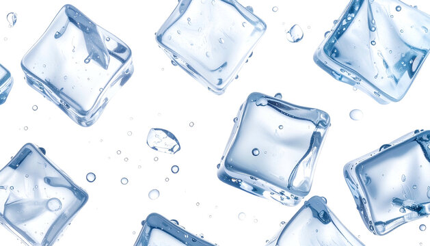 Floating, translucent ice cubes and water droplets on a contrasting black background