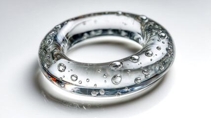 A mesmerizing clear glass ring, adorned with tiny air bubbles, rests delicately on a pristine white surface, reflecting light beautifully.