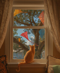 Orange Cat Sitting on Window Sill Watching Colorful Kites Flying in Tree Outside Home