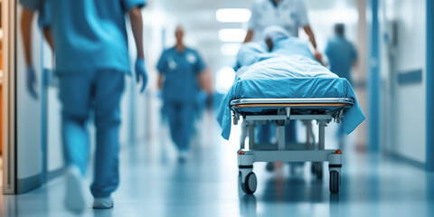 Doctors, nursers and emergency medical services rushing with a patient in a hospital. Health care concept.
