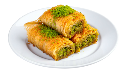 Close-up of layered pastry rolls with pistachio filling on a white plate