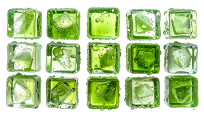 Fifteen translucent green cubes, each with a crystalline core, arranged in three rows