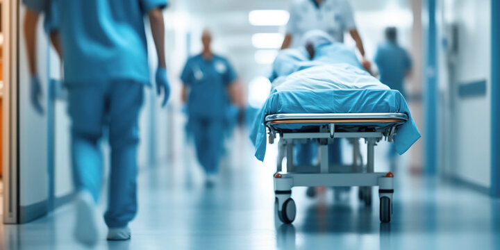 Doctors, nursers and emergency medical services rushing with a patient in a hospital. Health care concept.
