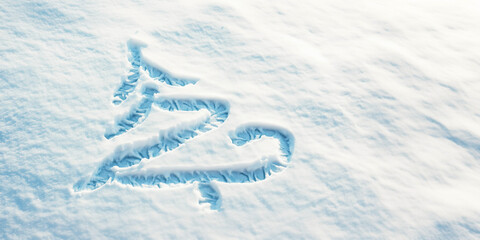 Top view on the Christmas tree shape made of footprints in fresh snow. Xmas and New year concept.