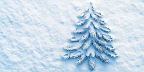 Top view on the Christmas tree shape made of footprints in fresh snow. Xmas and New year concept.