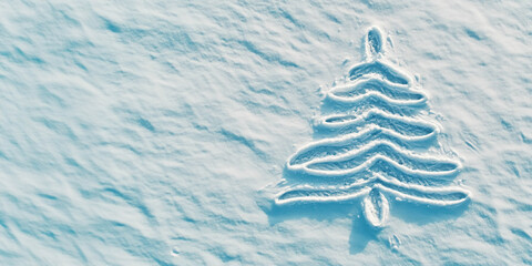 Top view on the Christmas tree shape made of footprints in fresh snow. Xmas and New year concept.