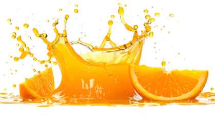 Vivid splash of liquid orange, crowned with droplets, next to citrus fruit slices