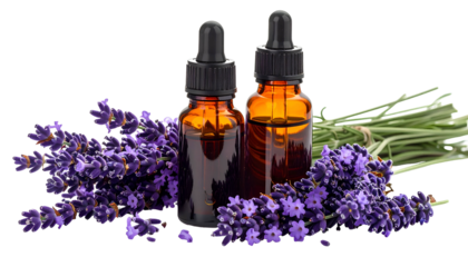 Two amber glass dropper bottles with lavender sprigs, isolated on black