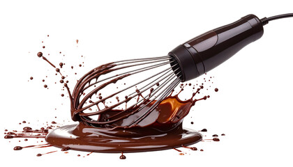 A whisk stirring chocolate, with splashes and a dark background