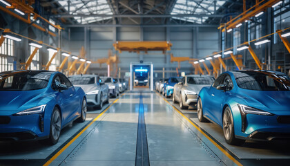 Obraz premium Electric Cars Assembling In Modern Manufacturing Plant