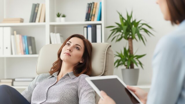 Woman lying on couch talking to therapist or psychologist during mental health session