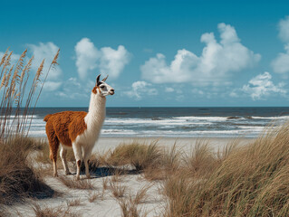 Llama Standing on Sandy Beach Dunes with Ocean Waves and Coastal Sky in Background