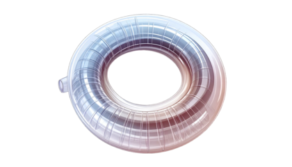 A transparent inflatable pool ring in a gradient of silver, pink, and white against black