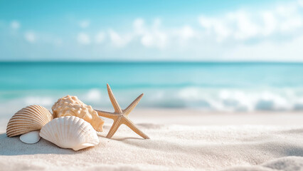 Starfish on sand with blurred ocean. Summer beach concept.
