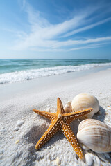 Starfish and seashells on beach with waves. Summer vacation concept.