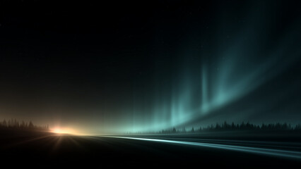 Dark green forest atmosphere with mysterious fog and light