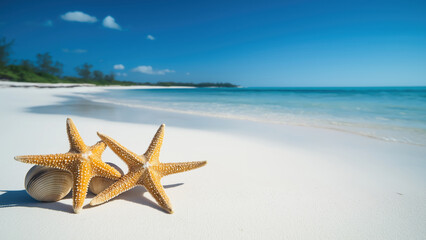 Starfish on sandy beach by turquoise sea. Summer vacation concept.