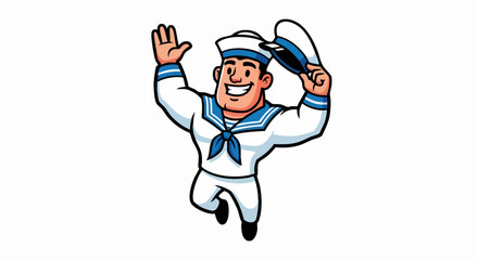 Happy cartoon sailor waving in classic uniform.