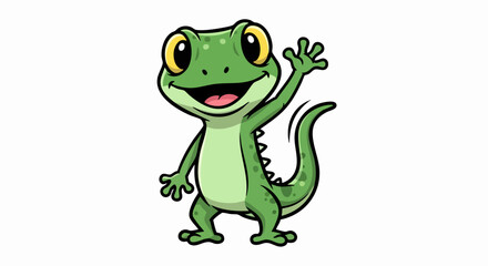 Cute Green Cartoon Gecko Waving Hello with a Friendly Smile.
