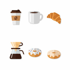 Coffee and pastries vector icon set illustration.