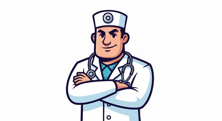 Confident Cartoon Doctor with Stethoscope and Arms Crossed.
