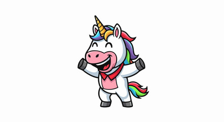 Happy cartoon unicorn with rainbow mane and tail smiling widely.