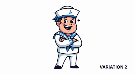 Happy cartoon sailor character with crossed arms smiling brightly.
