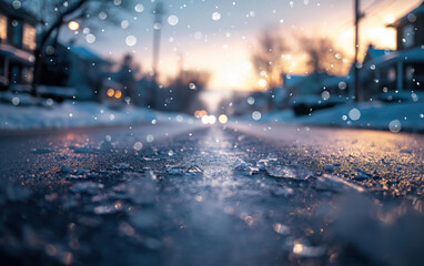 Snowy winter street with bokeh lights. Cold weather travel concept.