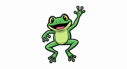 Happy green cartoon frog waving hello with a big smile.
