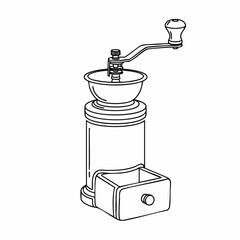 Vintage manual coffee grinder line art illustration.