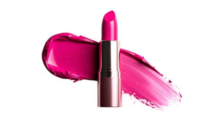 A vibrant pink lipstick tube sits atop a matching smear, set against a black backdrop
