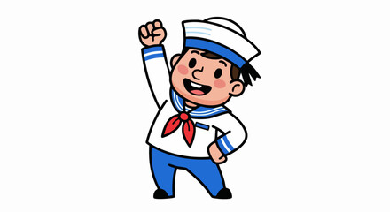Cheerful cartoon sailor boy with raised fist and happy expression.