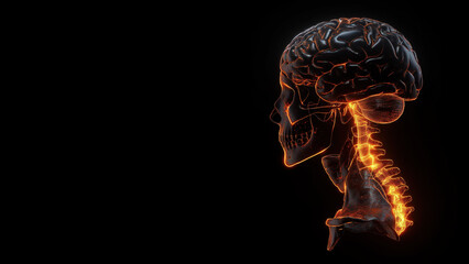 Glowing human brain and spine anatomy on black background. Medical science concept.