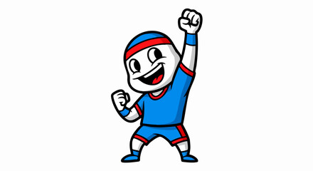 Excited cartoon character celebrating victory with raised fists.