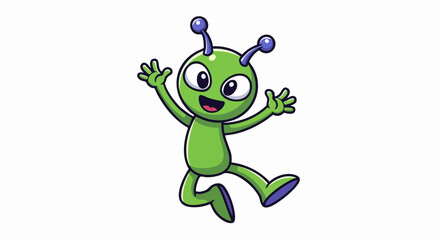 Happy green alien with big eyes and raised arms.