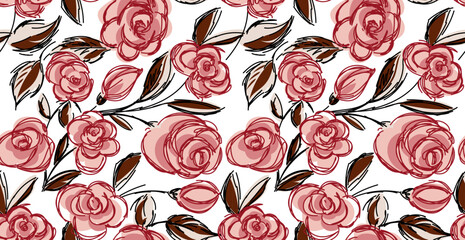 seamless scribble flowers pattern. Hand draw abstract ikat pattern. © akn