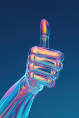 Colorful thermal style thumbs up hand on dark background. Approval concept.