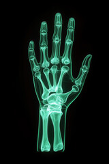 X-ray image of open hand bones on black background. Radiology healthcare concept.