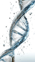 Captivating DNA strand rendered in crystalline water, symbolizing life's essence with purity, clarity, and the delicate dance of molecules.