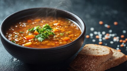 A bowl of hot lentil soup is placed on a dark surface. The soup has pieces of vegetables and herbs on top. A couple of slices of bread are next to the bowl ready to enjoy.