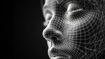Wireframe human face profile on black background. Technology identity concept.