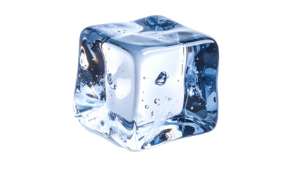 A clear, translucent ice cube, isolated against a solid black background, showing details