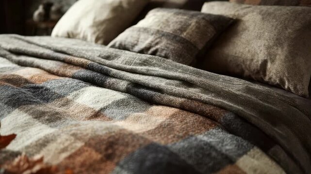Cozy autumn bedroom scene featuring a soft plaid blanket and pillows on a neatly made bed. Warm earthy tones create a relaxing and inviting atmosphere for restful sleep