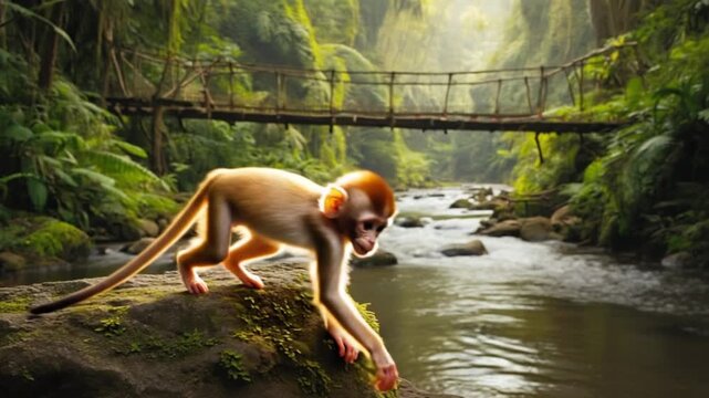 Adorable monkey sitting on mossy rock by serene jungle river with suspension bridge