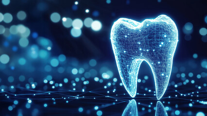 Glowing tooth hologram with bokeh lights. Dental health concept.