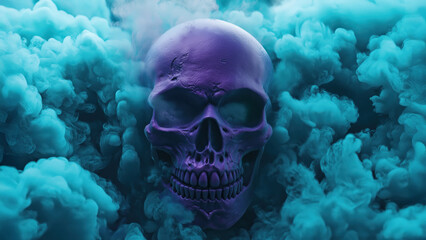 Skull with blue smoke on dark background. Halloween spooky concept.