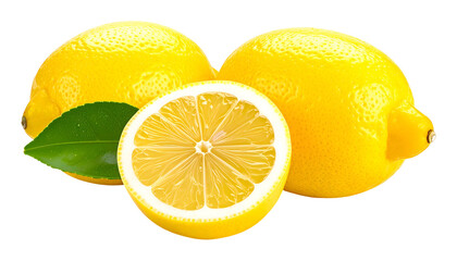 Three bright yellow citrus fruits, one sliced open to reveal juicy segments, with green leaf