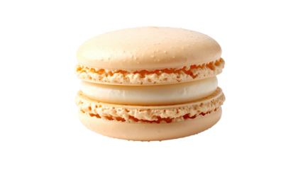 Close-up of a stacked, pastel-colored, cookie-like confection. Beige top and bottom, white center