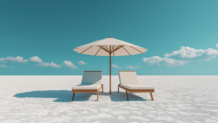 Beach lounge chairs under umbrella on turquoise sky. Summer leisure concept.